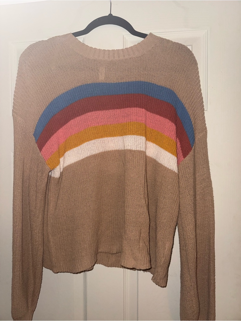 Wishlist Beige Crewneck Sweater with Rainbow Chest Stripes